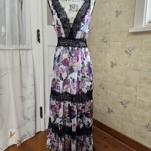 bebe Multicolor Floral Maxi Dress with Black Lace